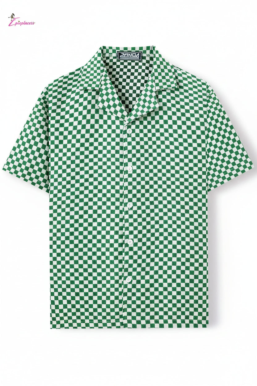 Checker board Cuban Short-Sleeve Button-Up Shirt Epicplacess