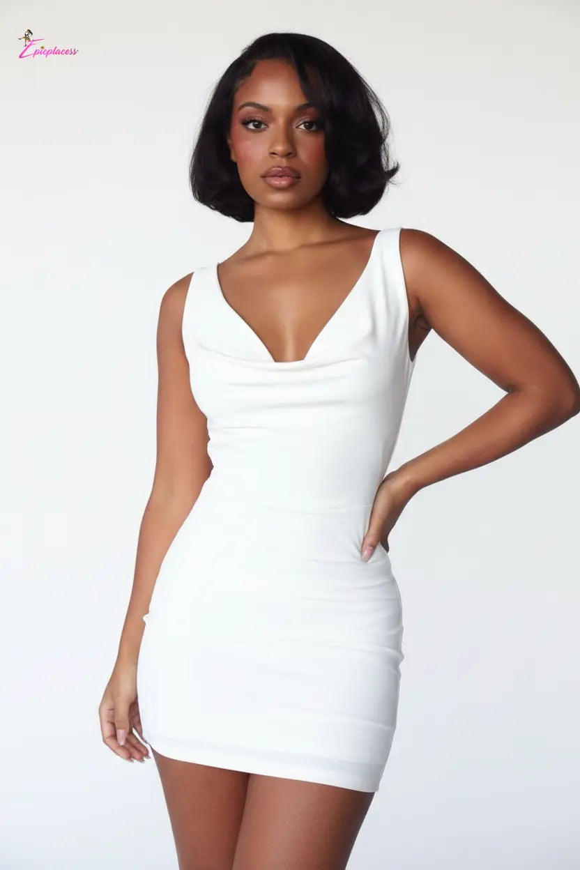 Cowl Neck Bodycon Mini Dress – Open Back, Gold Chain - Epicplacess