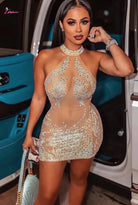Crystal Rhinestone Sheer Halter Mini Dress - Epicplacess