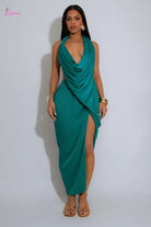 Teal draped cowl neck halter maxi dress - front view