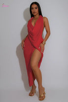 Red coral draped cowl neck halter maxi dress - front view