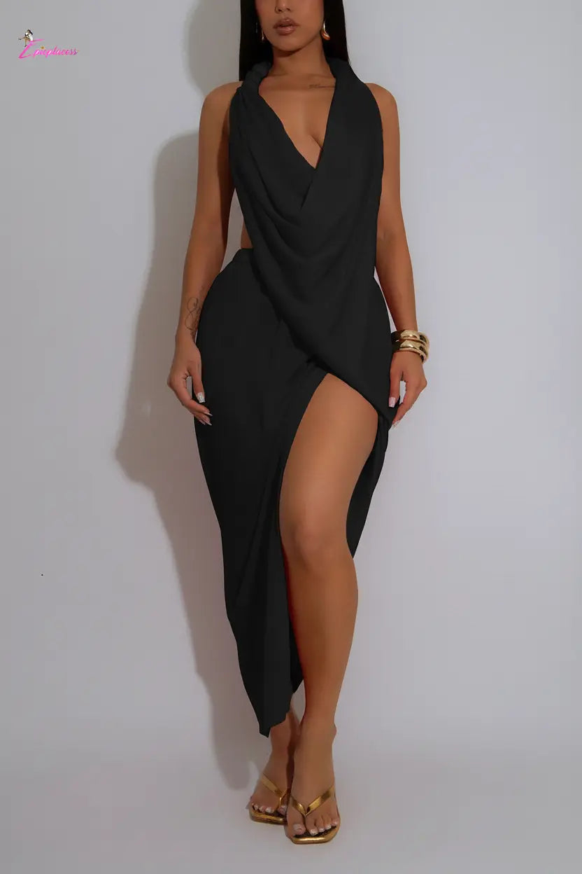 Black draped cowl neck halter maxi dress - front view