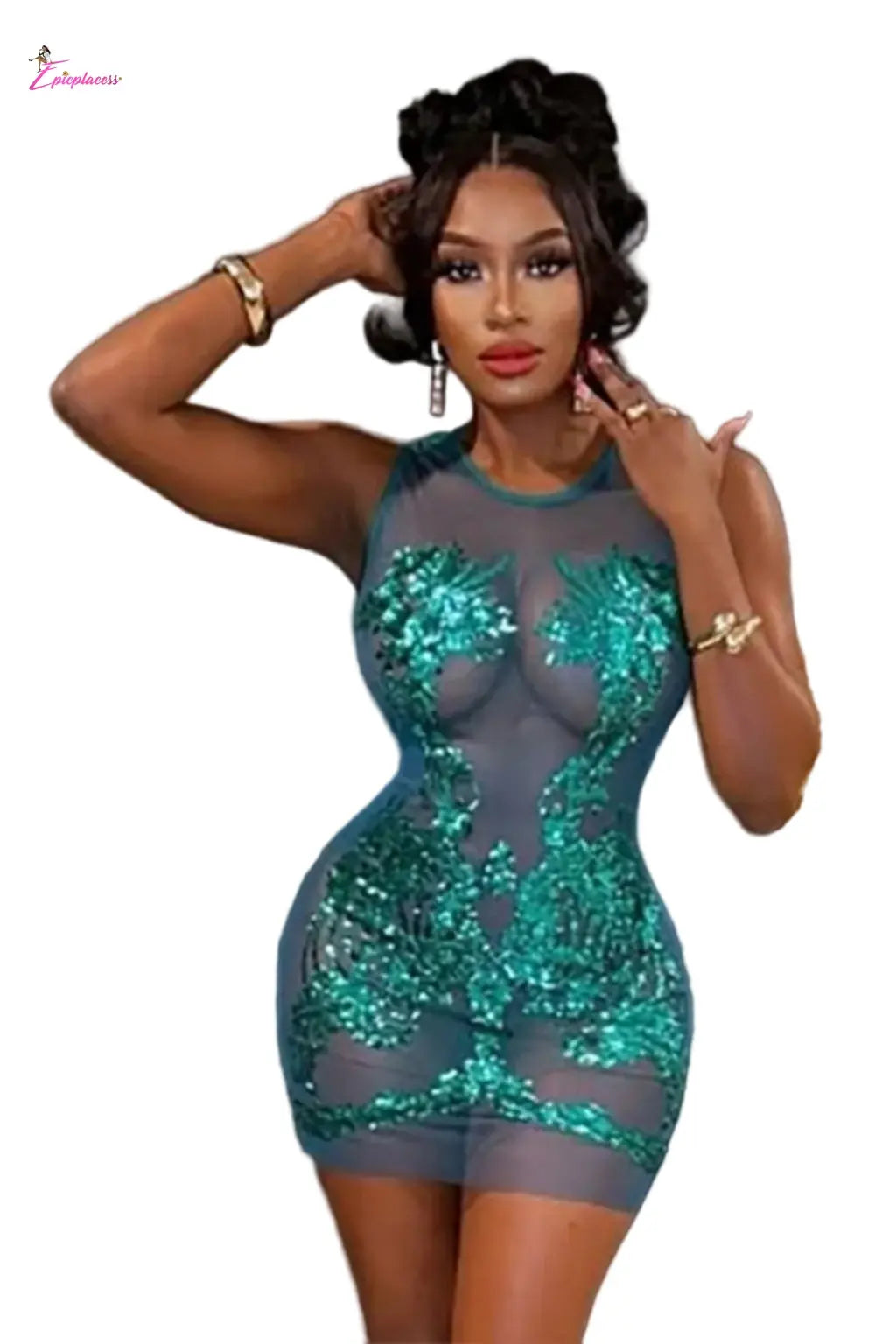 Emerald Sheer Mesh Sequin Embellished Bodycon Mini Dress - Epicplacess Emerald Sheer Mesh Sequin Embellished Bodycon Mini Dress - Epicplacess