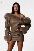 Fur Trim Faux Leather Mini Dress - Epicplacess
