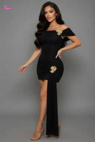 Gold Brooch Off-Shoulder Ruched Maxi Dress - Epicplacess