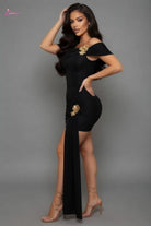 Gold Brooch Off-Shoulder Ruched Maxi Dress - Epicplacess