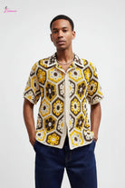 Golden Honeycomb Hexagon Crochet Open-Knit Button-Up Shirt - Epicplacess
