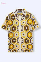 Golden Honeycomb Hexagon Crochet Open-Knit Button-Up Shirt - Epicplacess