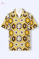 Golden Honeycomb Hexagon Crochet Open-Knit Button-Up Shirt - Epicplacess