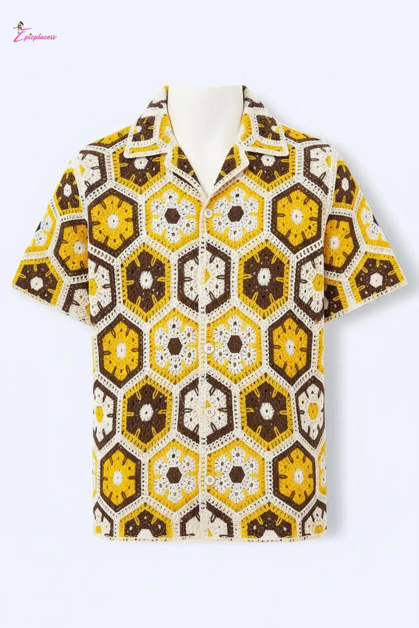 Golden Honeycomb Hexagon Crochet Open-Knit Button-Up Shirt - Epicplacess