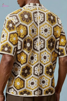 Golden Honeycomb Hexagon Crochet Open-Knit Button-Up Shirt - Epicplacess