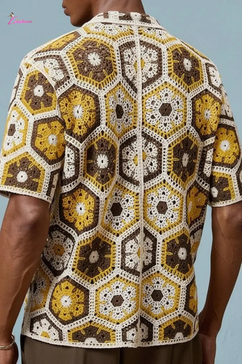 Golden Honeycomb Hexagon Crochet Open-Knit Button-Up Shirt - Epicplacess