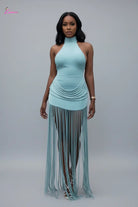 Halter Fringe Dress Blue - Front