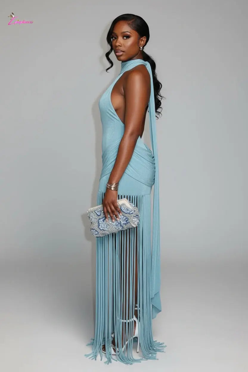 Halter Fringe Backless Maxi Dress