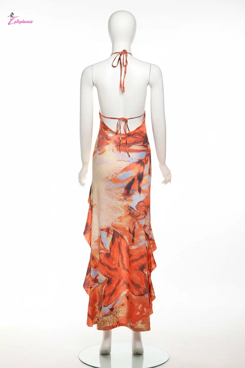 Orange abstract floral halter maxi dress - back view