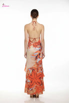 Orange abstract floral halter maxi dress - back view