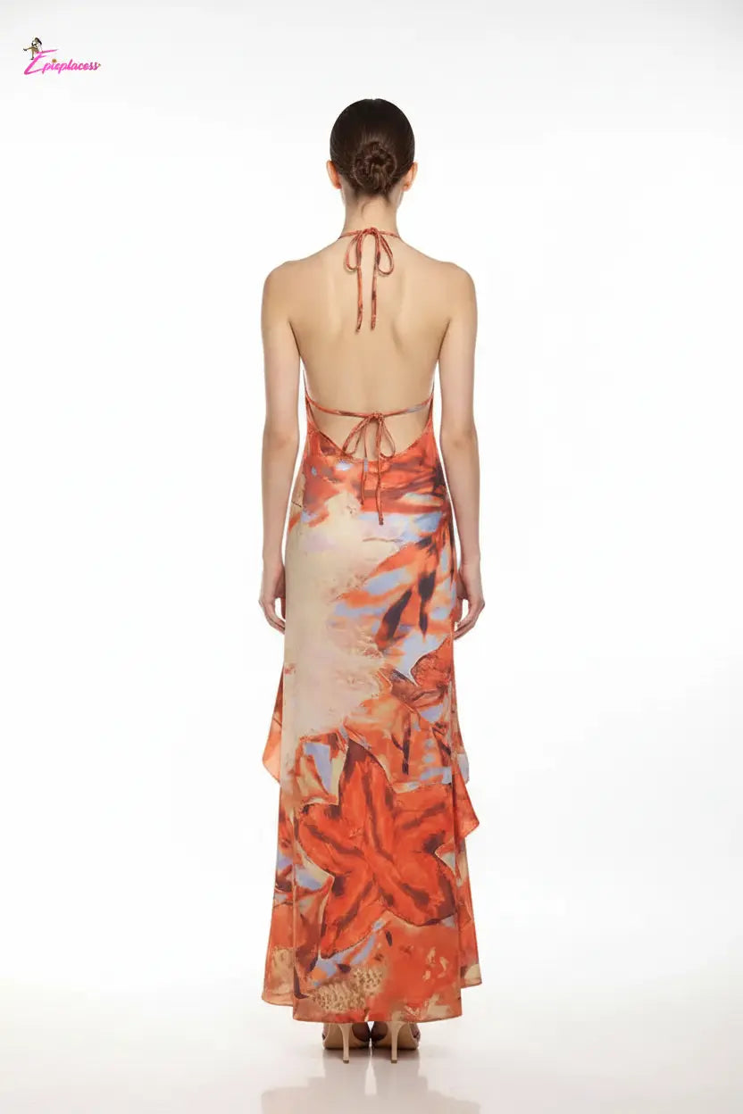 Orange abstract floral halter maxi dress - back view