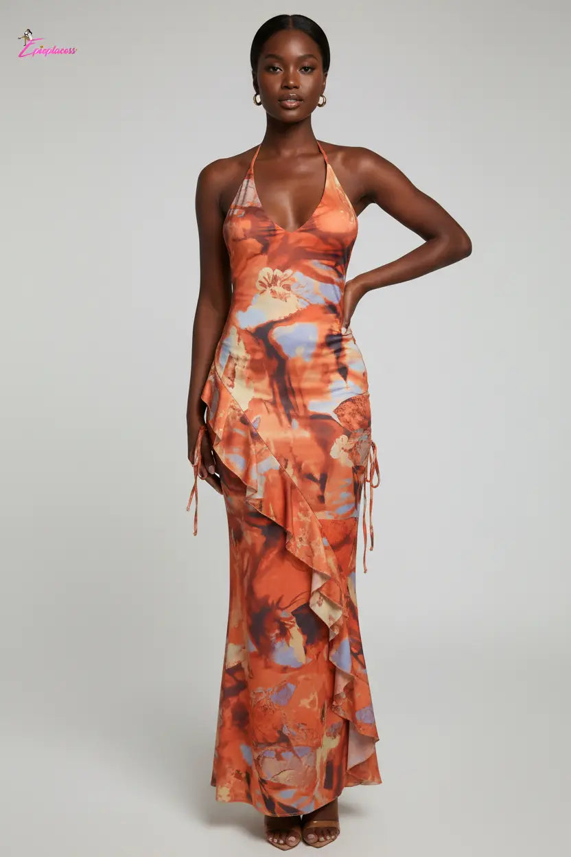 Orange abstract floral halter maxi dress - side view