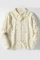 Ivory Floral Medallion Lace Open-Knit Long-Sleeve Button-Up Shirt Epicplacess