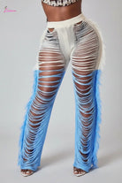 Ivory & Blue Distressed Fringe Flare Pants - Epicplacess