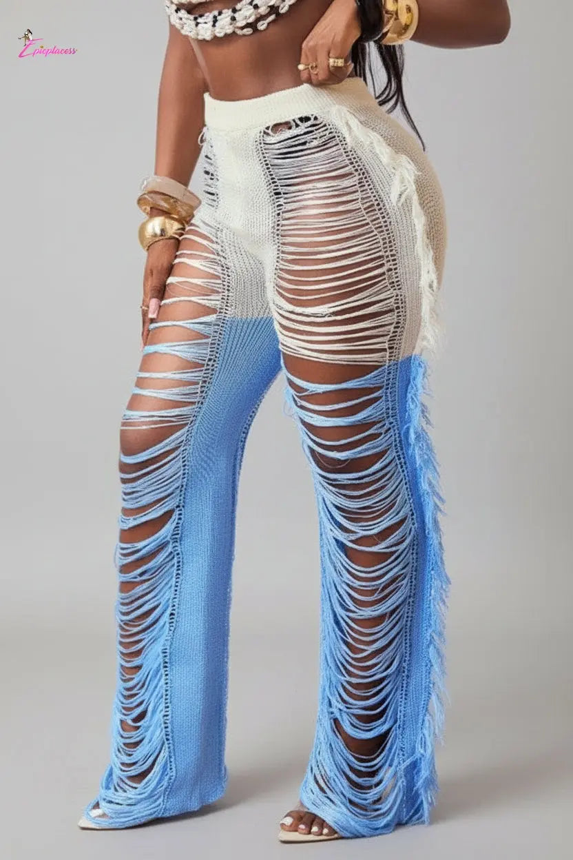 Ivory & Blue Distressed Fringe Flare Pants - Epicplacess