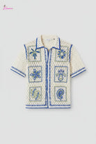 Ivory & Botanical Panel Crochet Open-Knit Button-Up Shirt Epicplacess