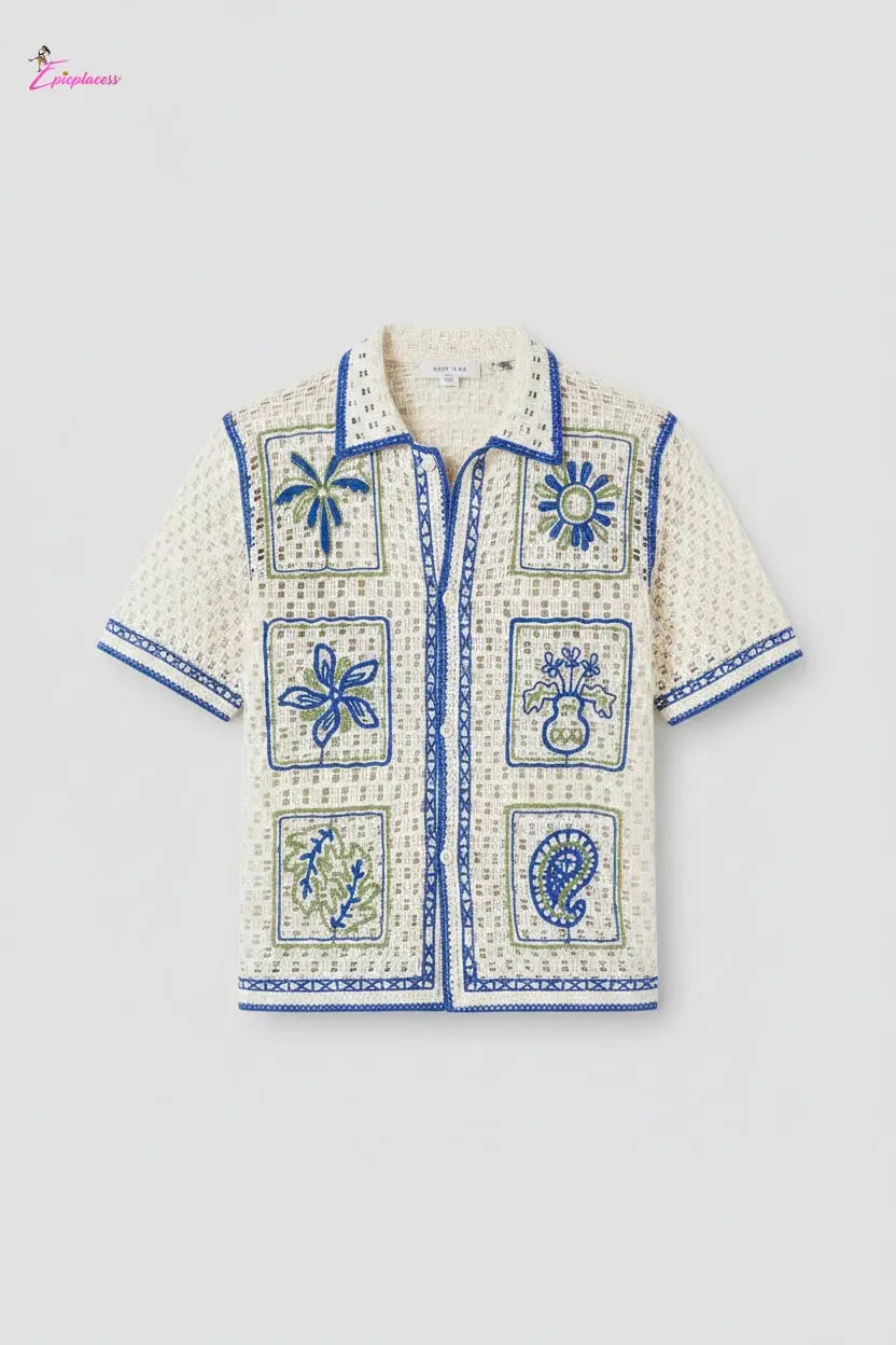 Ivory & Botanical Panel Crochet Open-Knit Button-Up Shirt Epicplacess