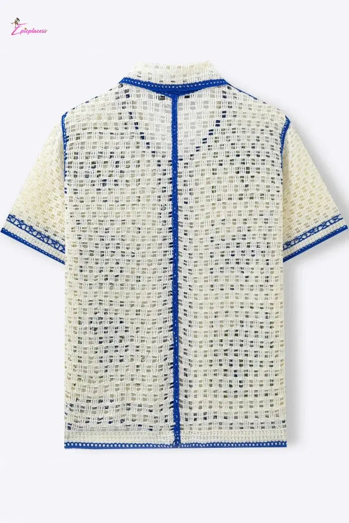 Ivory & Botanical Panel Crochet Open-Knit Button-Up Shirt Epicplacess