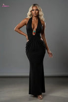 Jewel Clasp Deep V Halter Cutout Maxi Dress - Epicplacess
