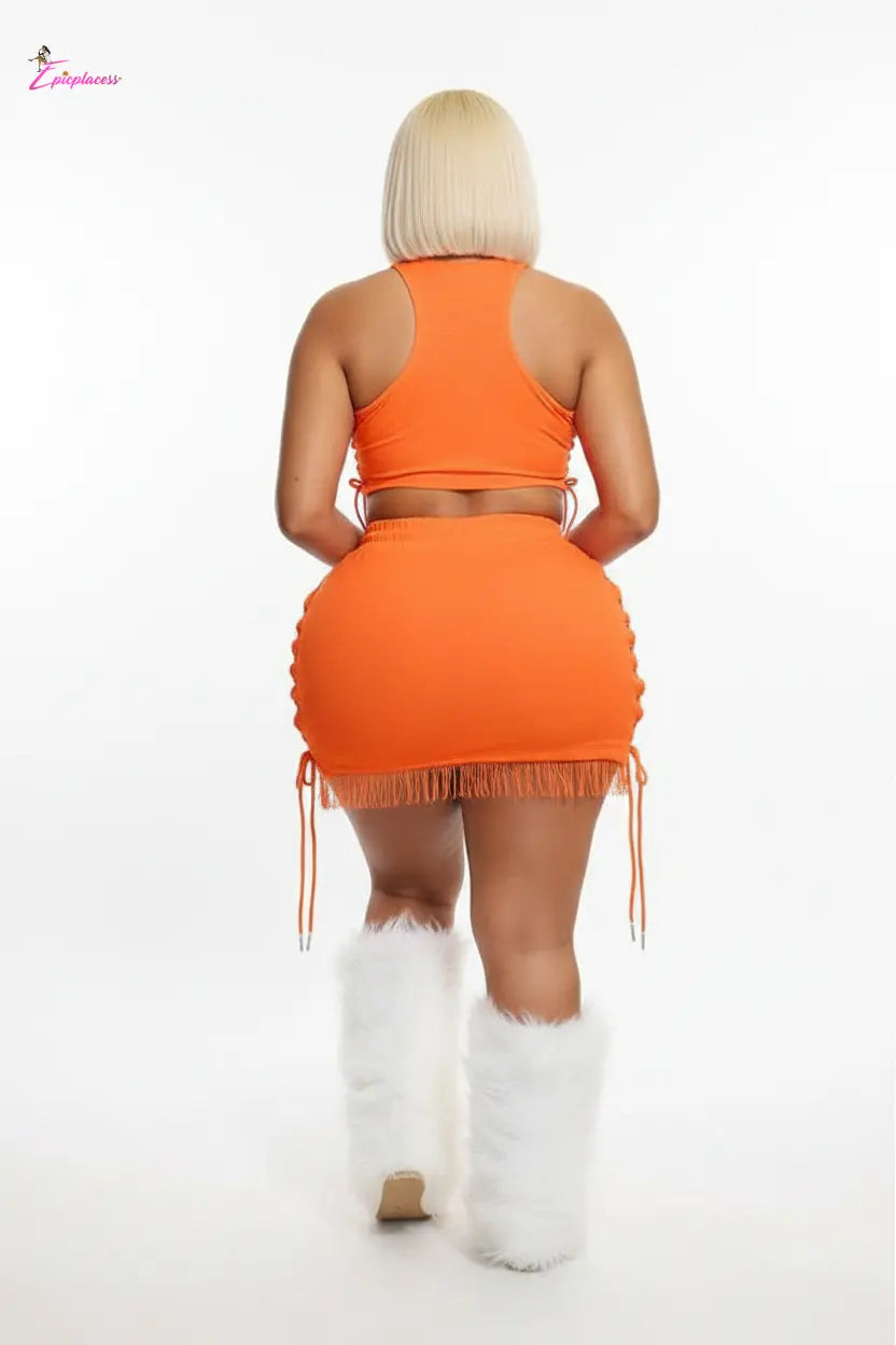 Neon orange lace-up mini skirt set - back view