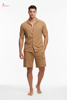 Men's tan camel short sleeve button-up cargo shorts set - front view