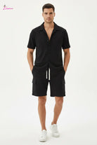 Men's black short sleeve button-up cargo shorts set - front view