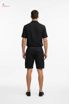 Men's black short sleeve button-up cargo shorts set - back view