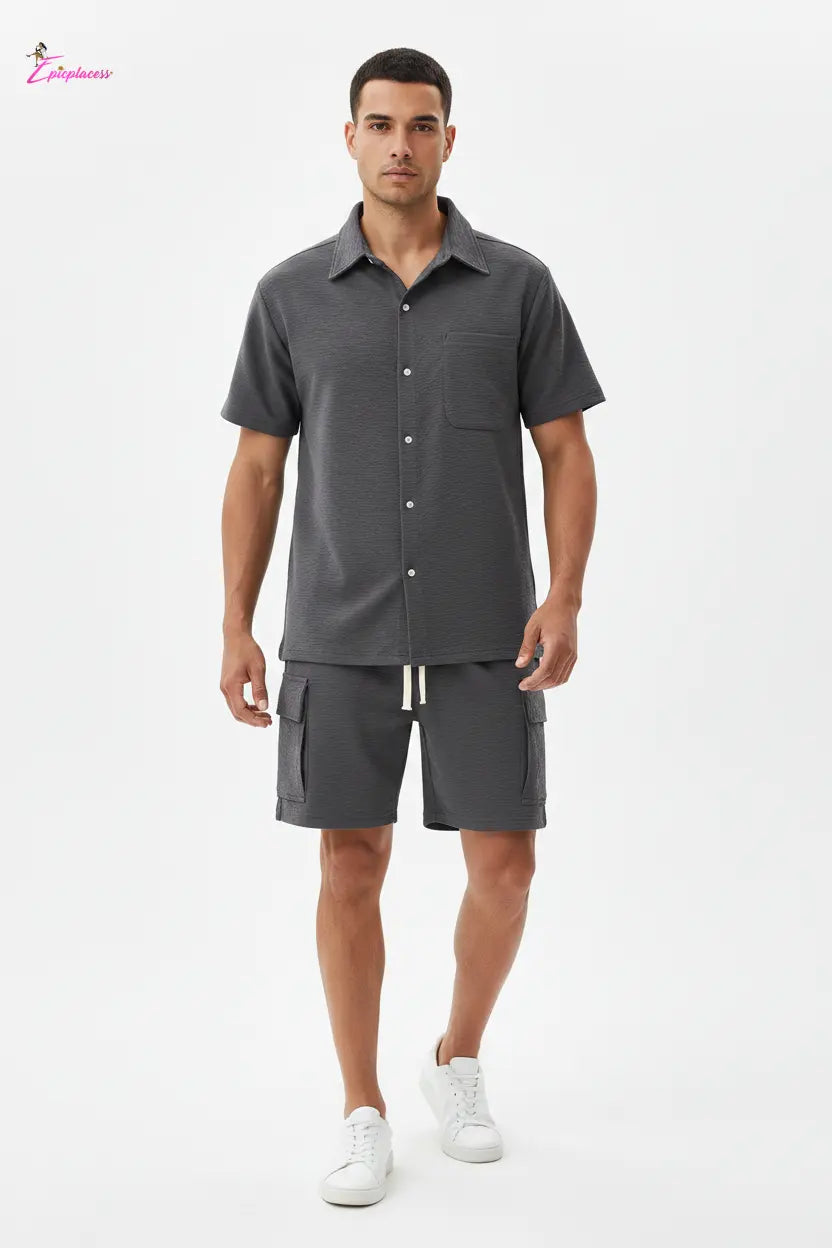 Men's charcoal grey short sleeve button-up cargo shorts set - front view