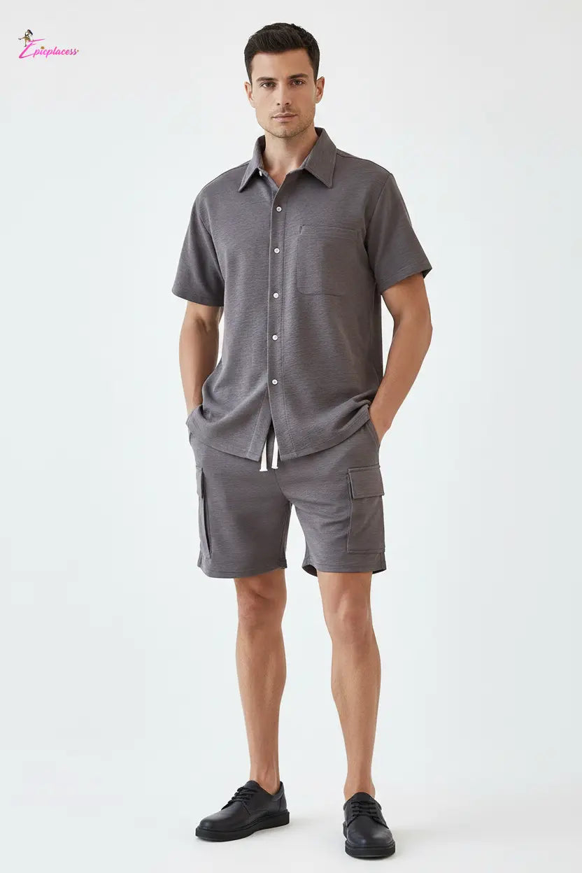 Men's charcoal grey short sleeve button-up cargo shorts set - angle pose