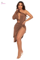 Mocha One-Shoulder Cutout Ruched Mini Dress - Epicplacess