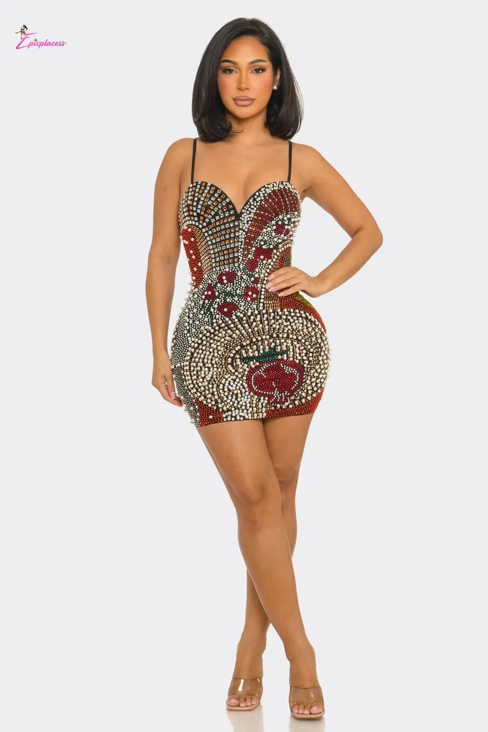 Multicolor Rhinestone & Pearl Embellished Bodycon Mini Dress - Epicplacess