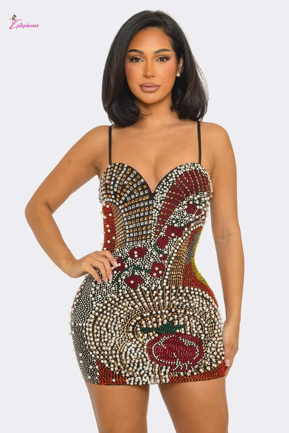 Multicolor Rhinestone & Pearl Embellished Bodycon Mini Dress - Epicplacess