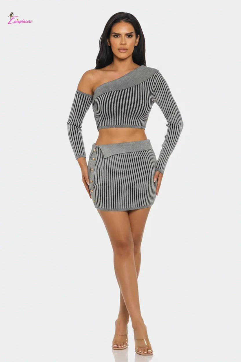 One-Shoulder Striped Ribbed Knit Crop Top Mini Skirt Set - Epicplacess