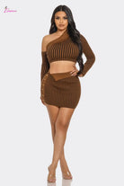 One-Shoulder Striped Ribbed Knit Crop Top Mini Skirt Set - Epicplacess