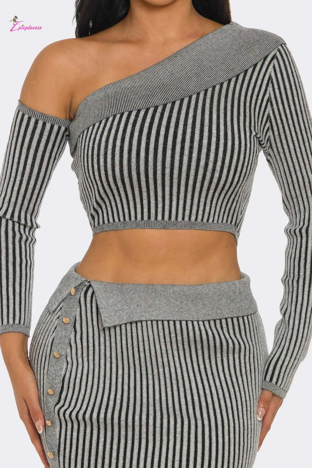 One-Shoulder Striped Ribbed Knit Crop Top Mini Skirt Set - Epicplacess