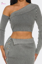 One-Shoulder Striped Ribbed Knit Crop Top Mini Skirt Set - Epicplacess