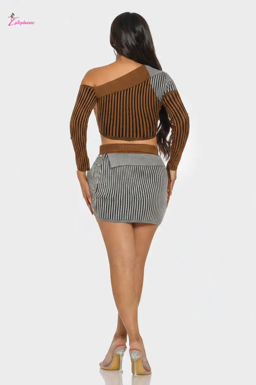 One-Shoulder Striped Ribbed Knit Crop Top Mini Skirt Set - Epicplacess