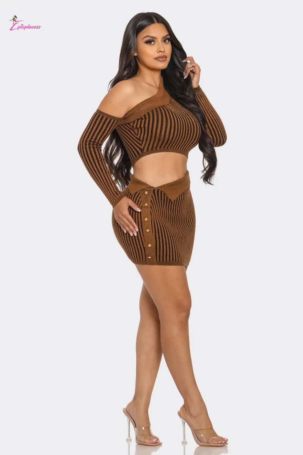 One-Shoulder Striped Ribbed Knit Crop Top Mini Skirt Set - Epicplacess