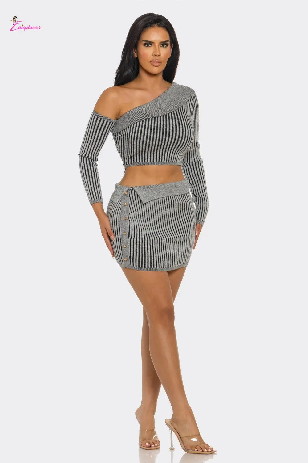 One-Shoulder Striped Ribbed Knit Crop Top Mini Skirt Set - Epicplacess