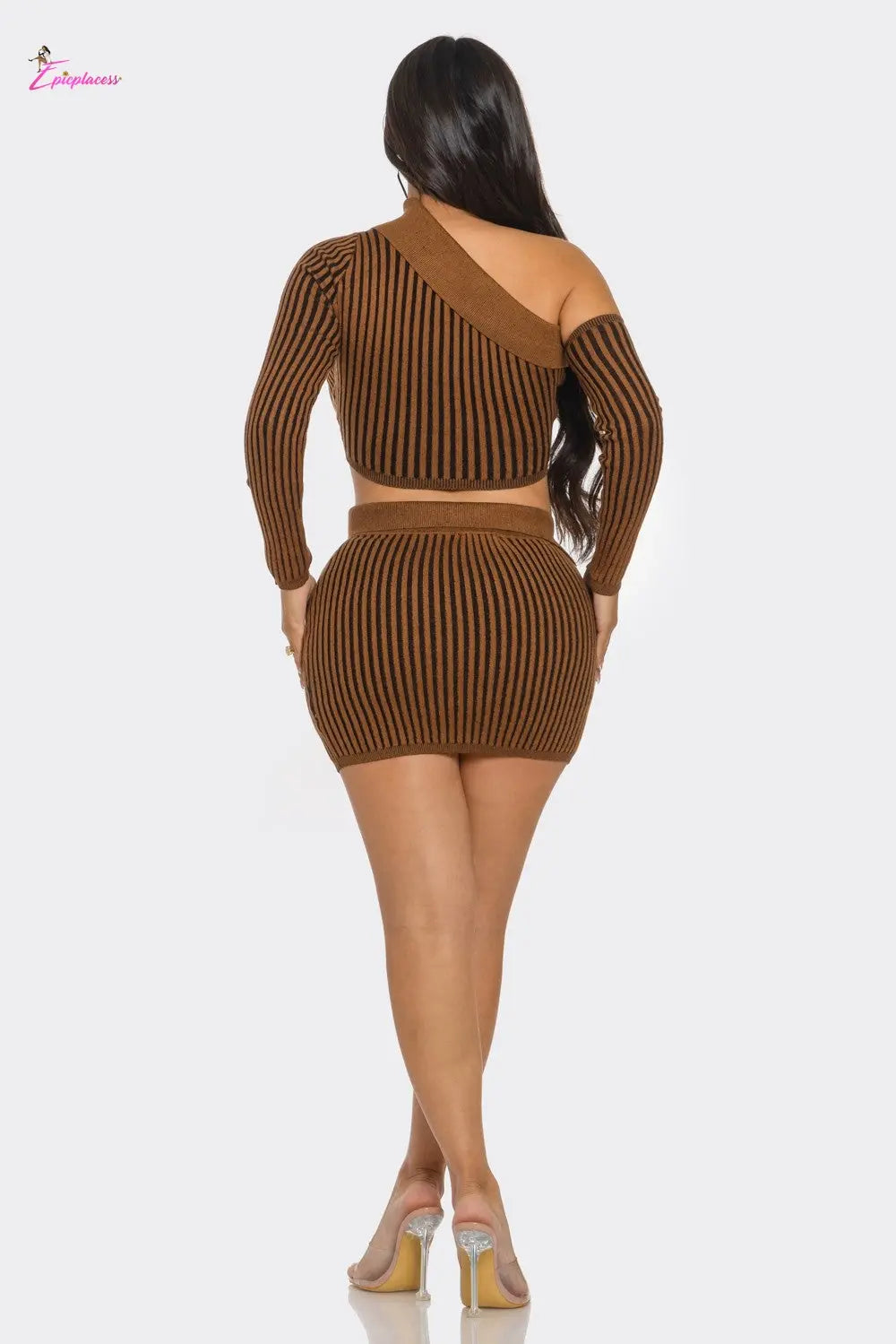 One-Shoulder Striped Ribbed Knit Crop Top Mini Skirt Set - Epicplacess
