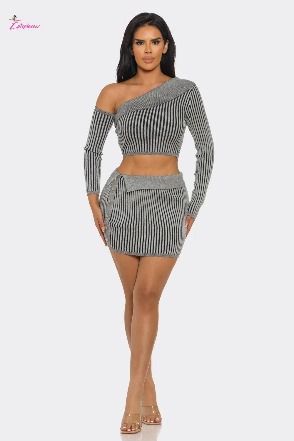 One-Shoulder Striped Ribbed Knit Crop Top Mini Skirt Set - Epicplacess