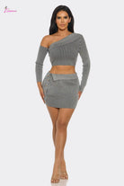 One-Shoulder Striped Ribbed Knit Crop Top Mini Skirt Set - Epicplacess
