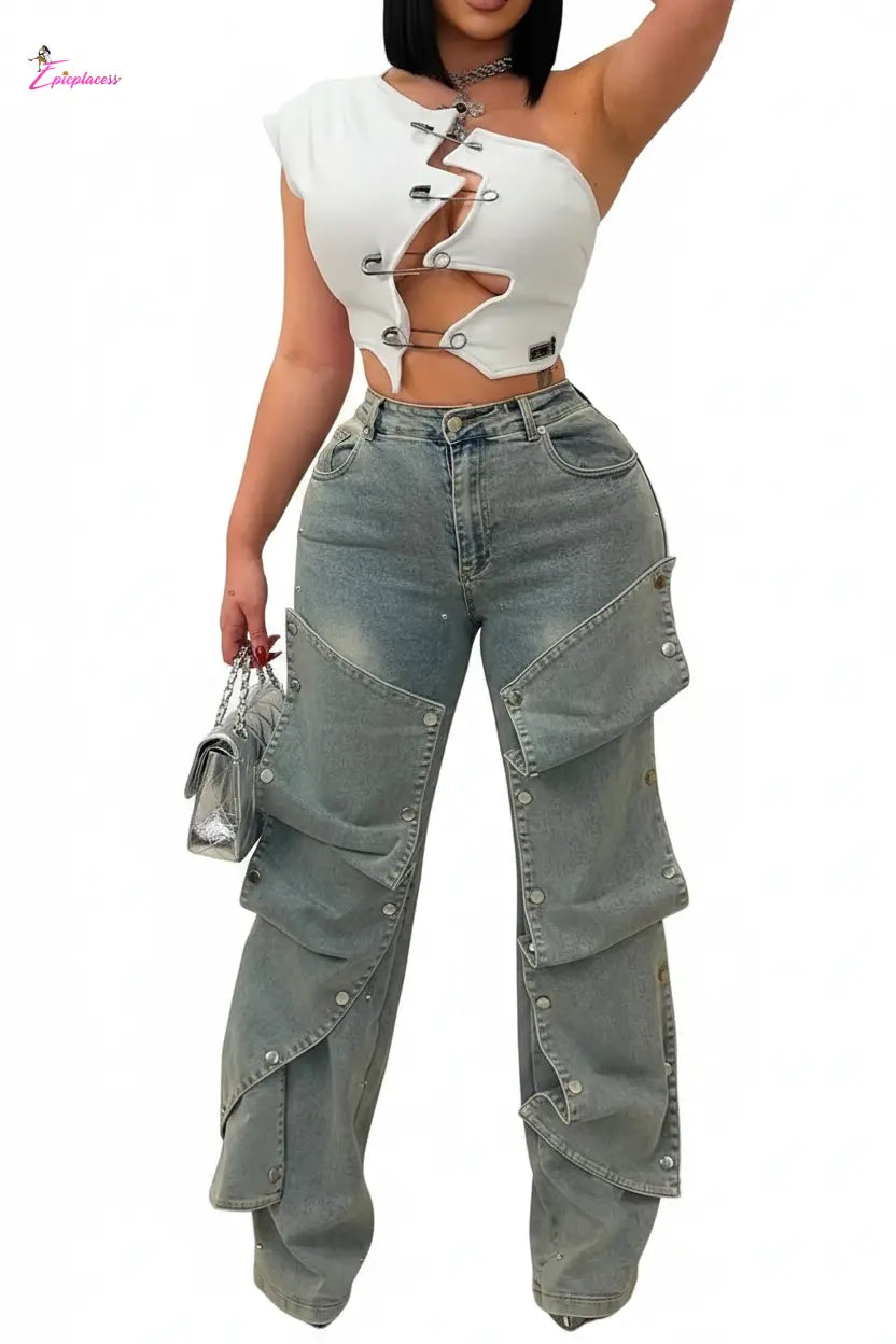 Paper Clip Decor One Shoulder Top - Epicplacess