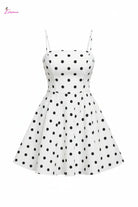 Studio professional photo of white polka dot spaghetti strap mini dress on white background